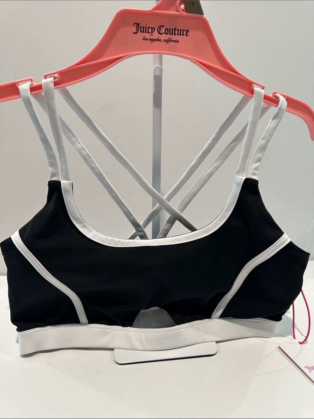 NWT Juicy Couture Medium Impact Black & White Sports Bra with double X Back.